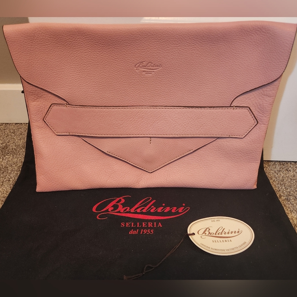 Boldrini Selleria Italian Leather Envelope-Style Clutch in Pink; New with Tags